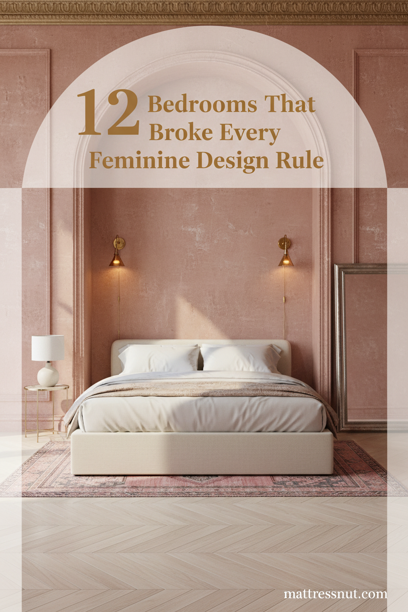 Dusty rose princess bedroom with arched alcove, gilt crown molding, brass sconces, ivory layered bedding, and antiqued silver mirror on herringbone floors