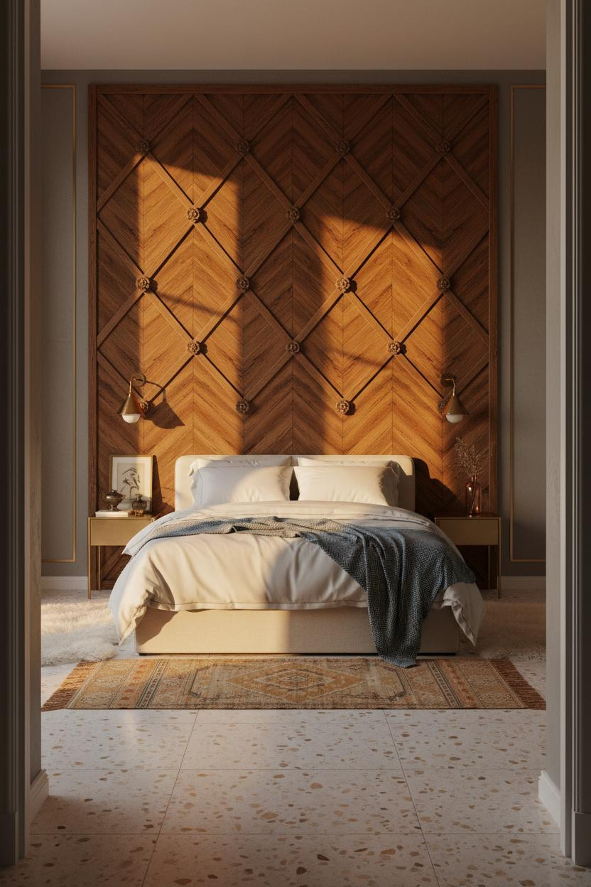Vintage Princess Bedroom Herringbone Paneling Brass