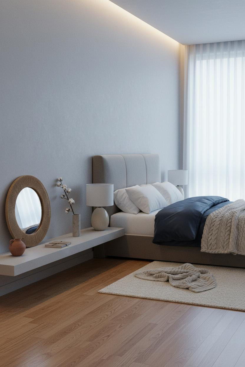 Warm Minimalist Bedroom Natural Wood Shelf