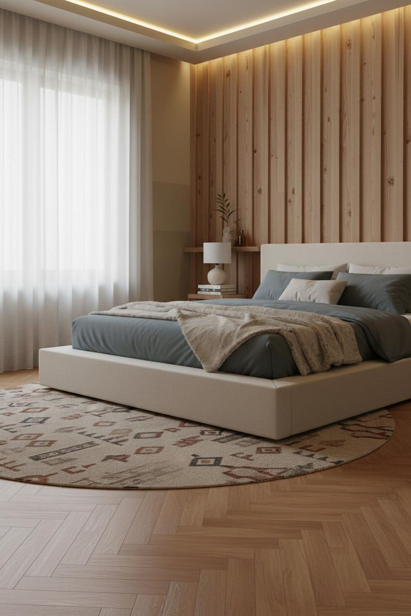 Warm Minimalist Bedroom Wood Accent Wall