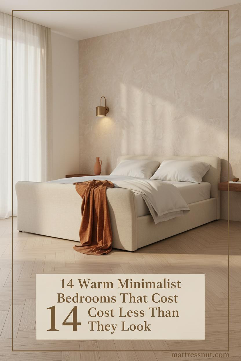 Warm minimalist bedroom with sand plaster accent wall, honey herringbone floors, ivory linen bedding, burnt orange throw, and walnut shelf decor