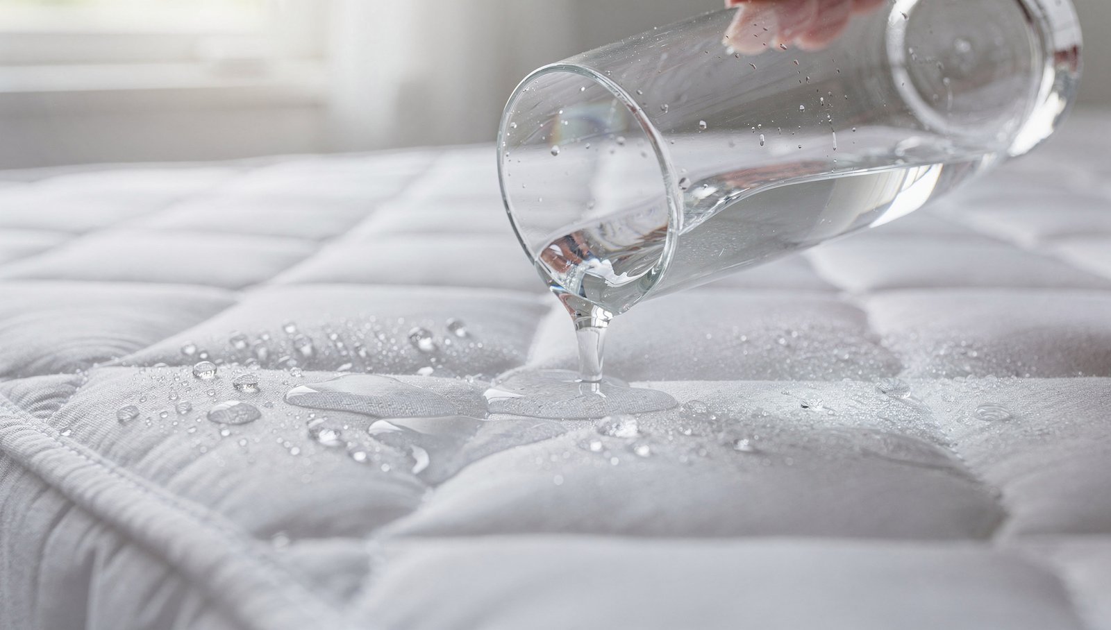 Close-up of a glass of water spilling onto a white quilted waterproof mattress protector, droplets beading on the surface