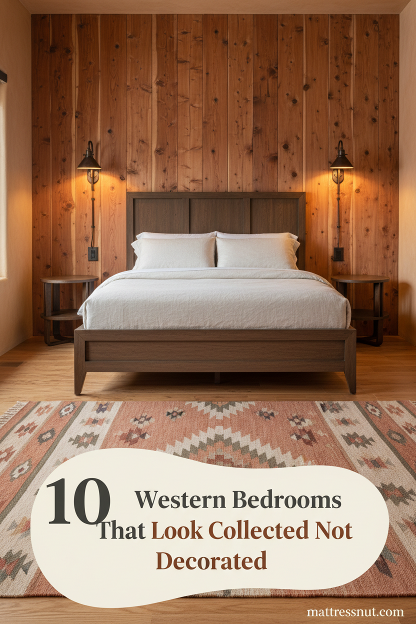 Western bedroom with cedar accent wall, dark wood bed frame, cream linen bedding, Navajo wool rug, clay plaster walls, and amber sconce lighting