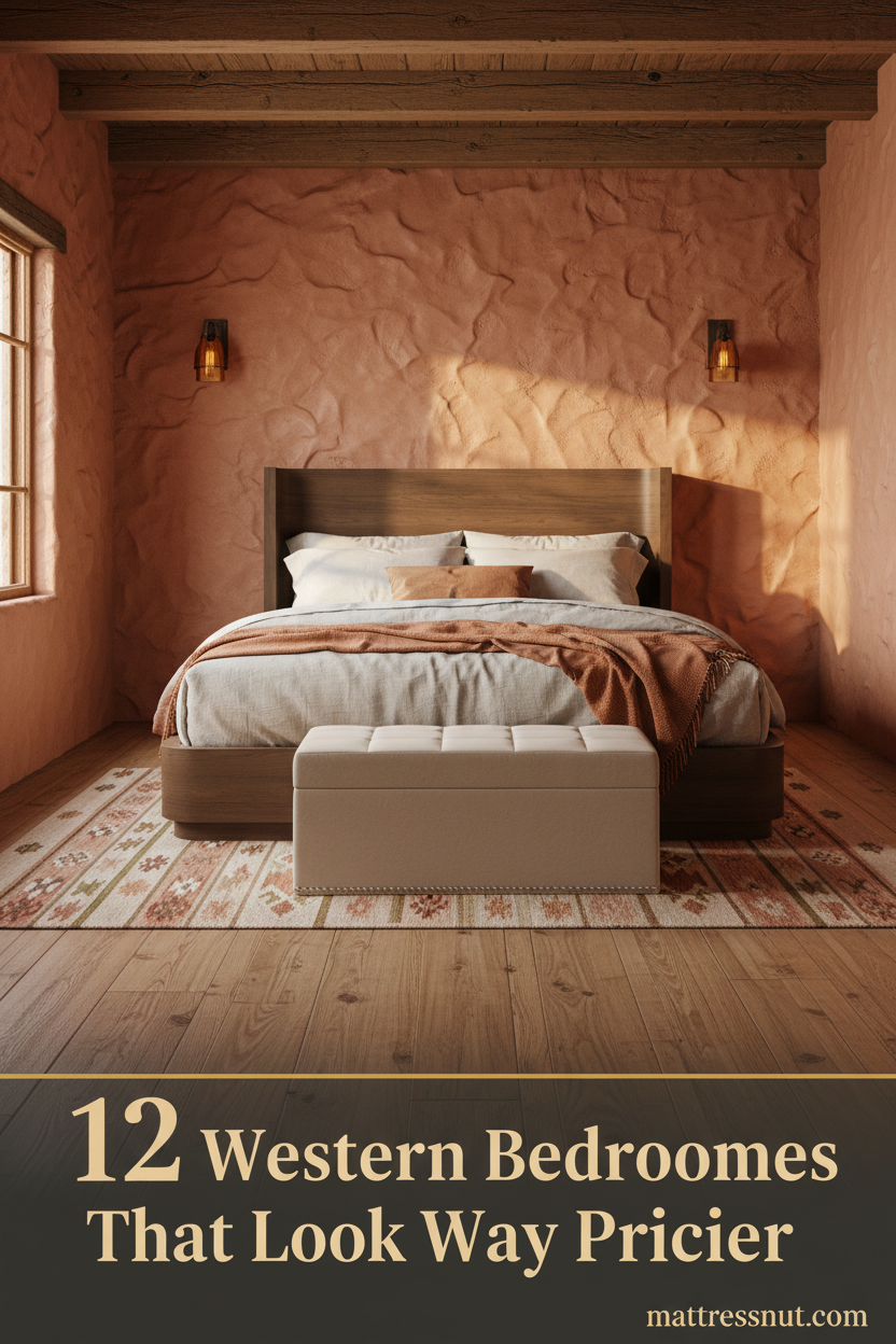Terracotta plaster bedroom with timber beams, amber sconces, oatmeal linen bedding, kilim rug, and reclaimed oak floors in warm western style