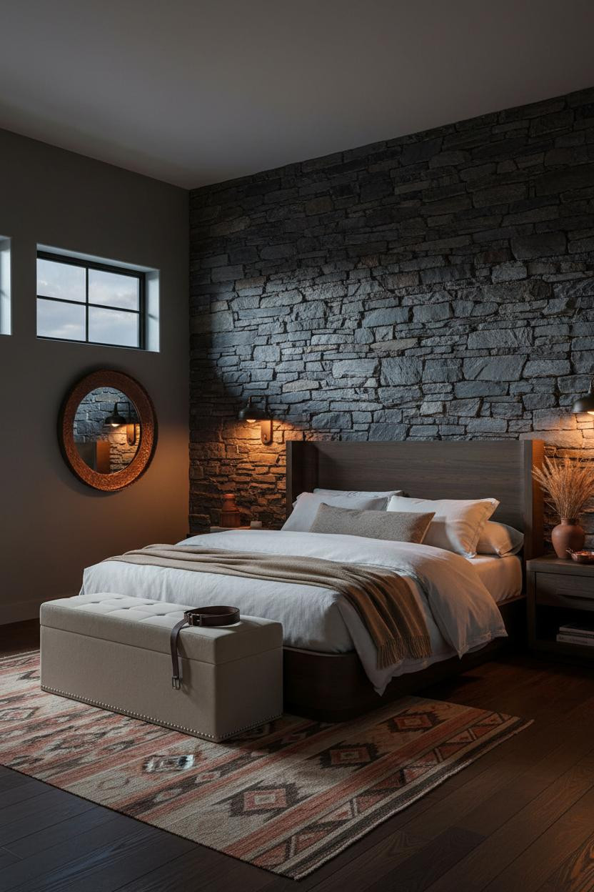 Western Bedroom Ideas Dark Stone Accent Wall Design