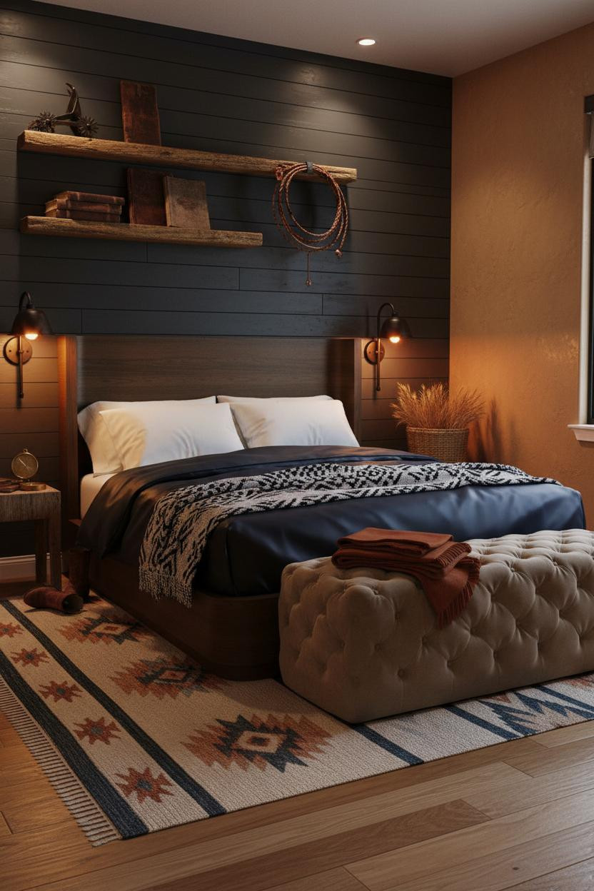 Western Chic Bedroom Charcoal Shiplap Sconces