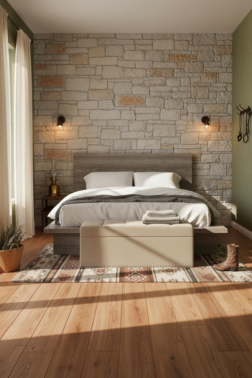 Western Chic Bedroom Limestone Accent Wall