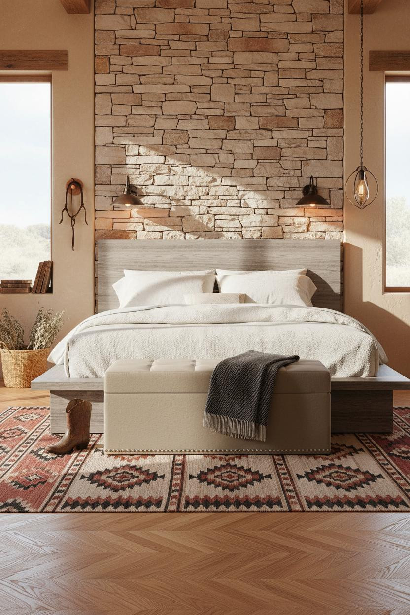 Western Chic Bedroom Stone Wall Morning Light