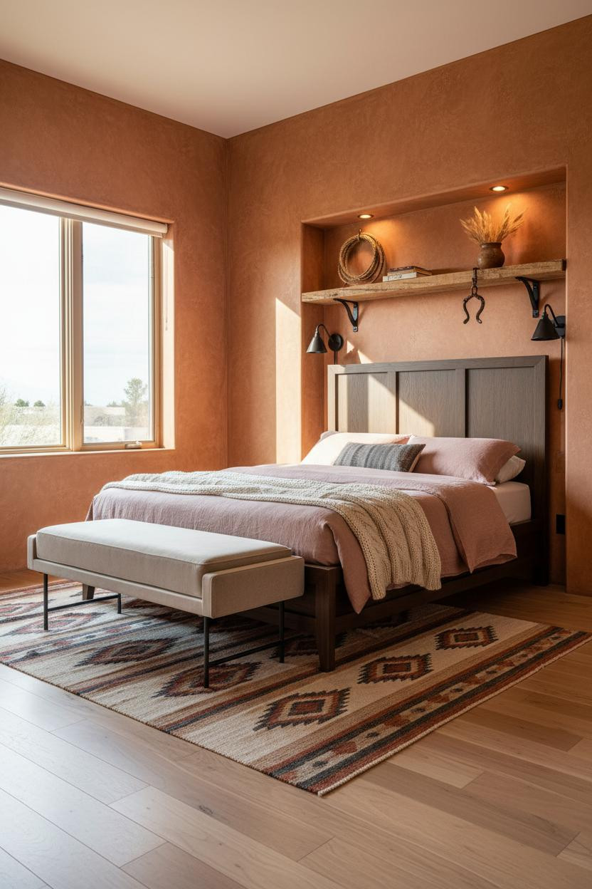 Western Chic Bedroom Wood Beams Navajo Rug