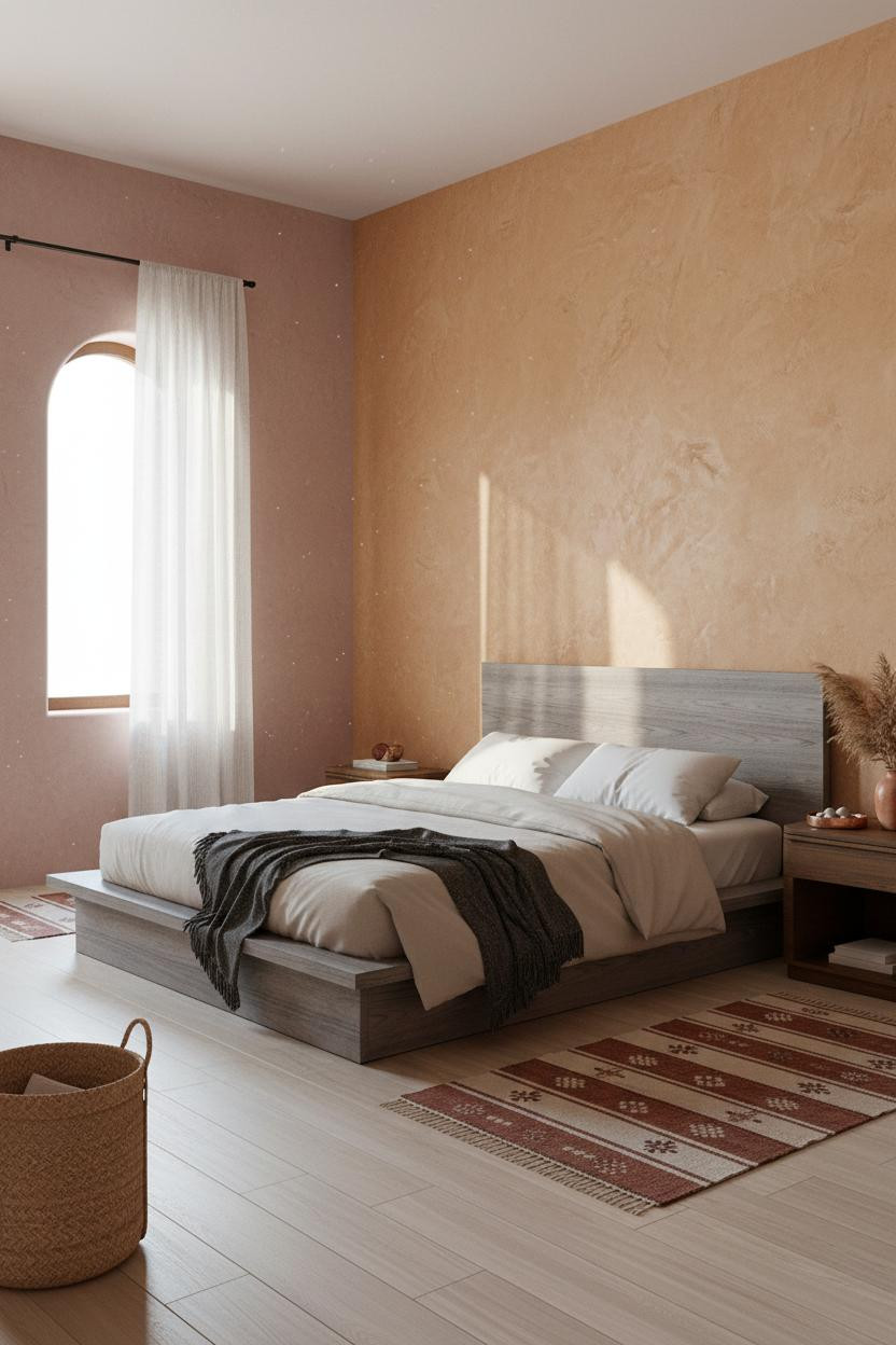 Western Farmhouse Bedroom Adobe Plaster Accent