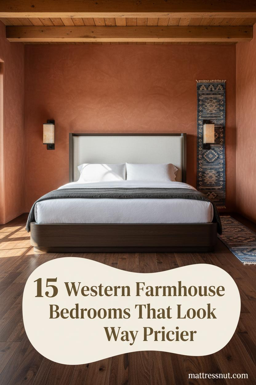 Western farmhouse bedroom with terracotta plaster walls, walnut floors, cream linen bedding, kilim runner, and warm amber sconce lighting