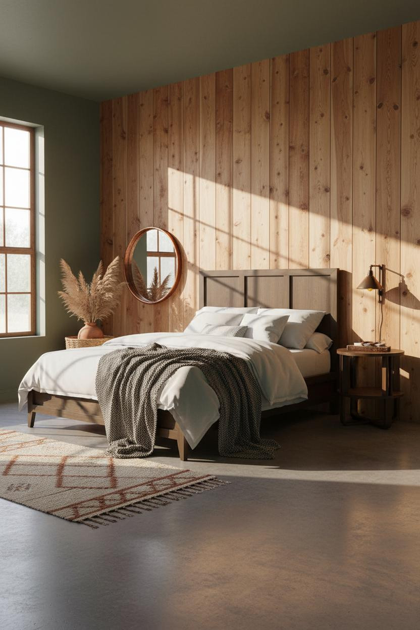Western Farmhouse Bedroom Shiplap Concrete Floor