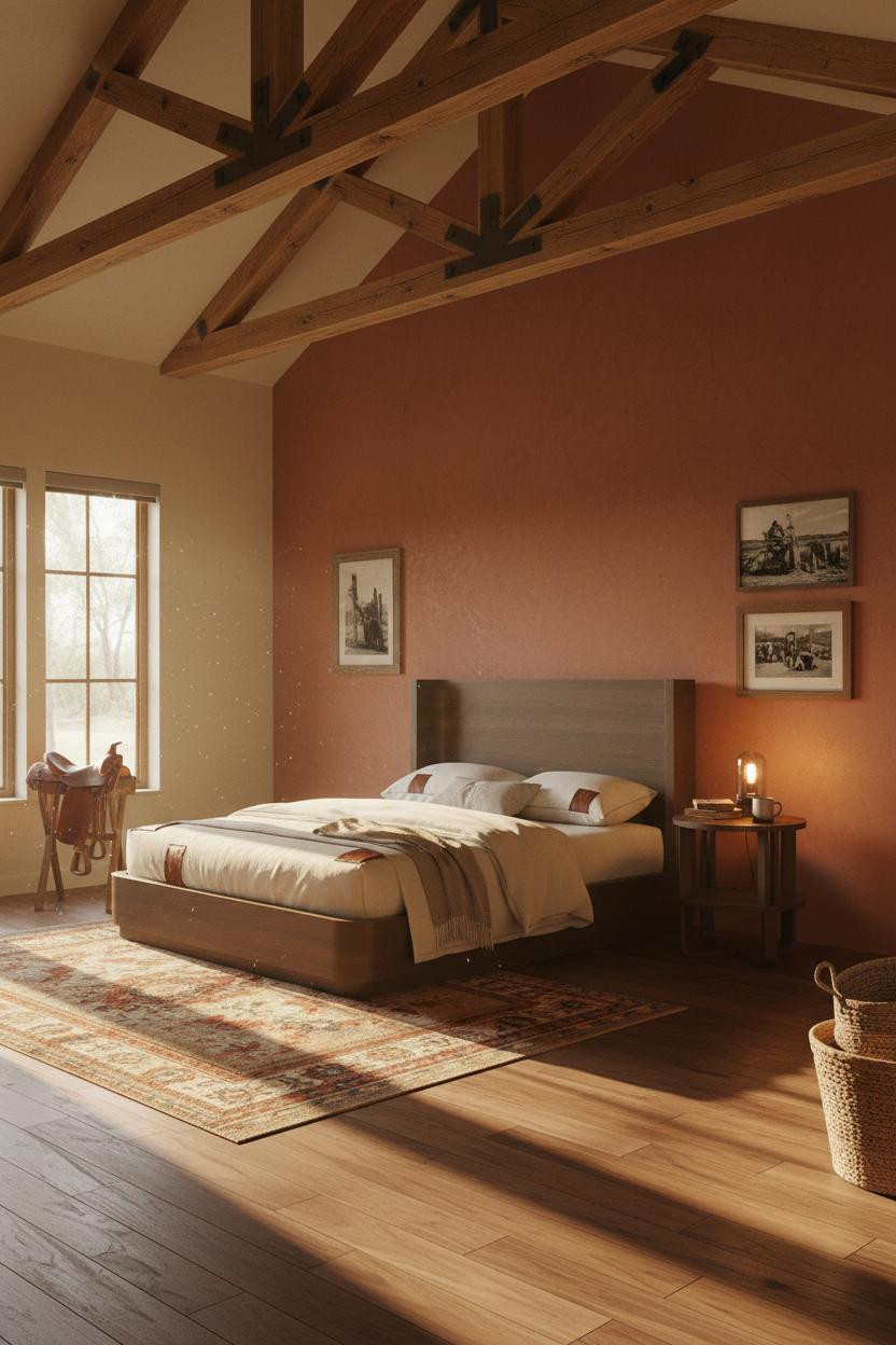 Western Farmhouse Bedroom Wood Beams Terracotta
