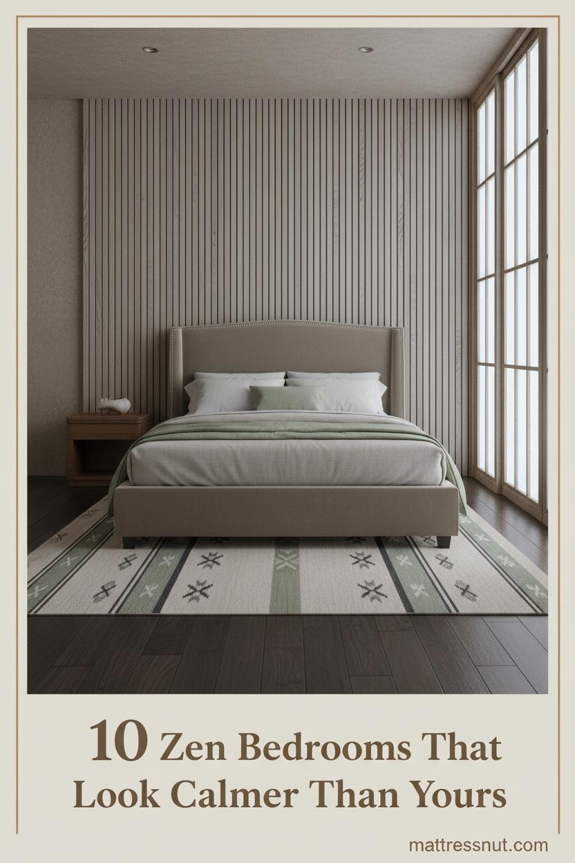 Minimalist zen bedroom with ash slat accent wall, low walnut platform bed, oatmeal linen bedding, sage throw, and soft shoji panel light