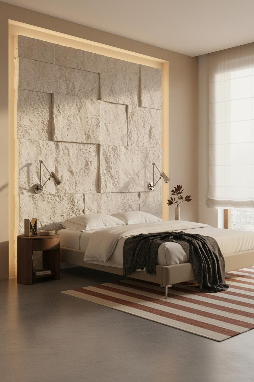 Zen Bedroom Stone Accent Wall Japandi