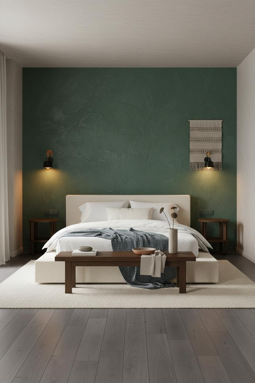 Zen Bedroom Wabi Sabi Forest Green Accent