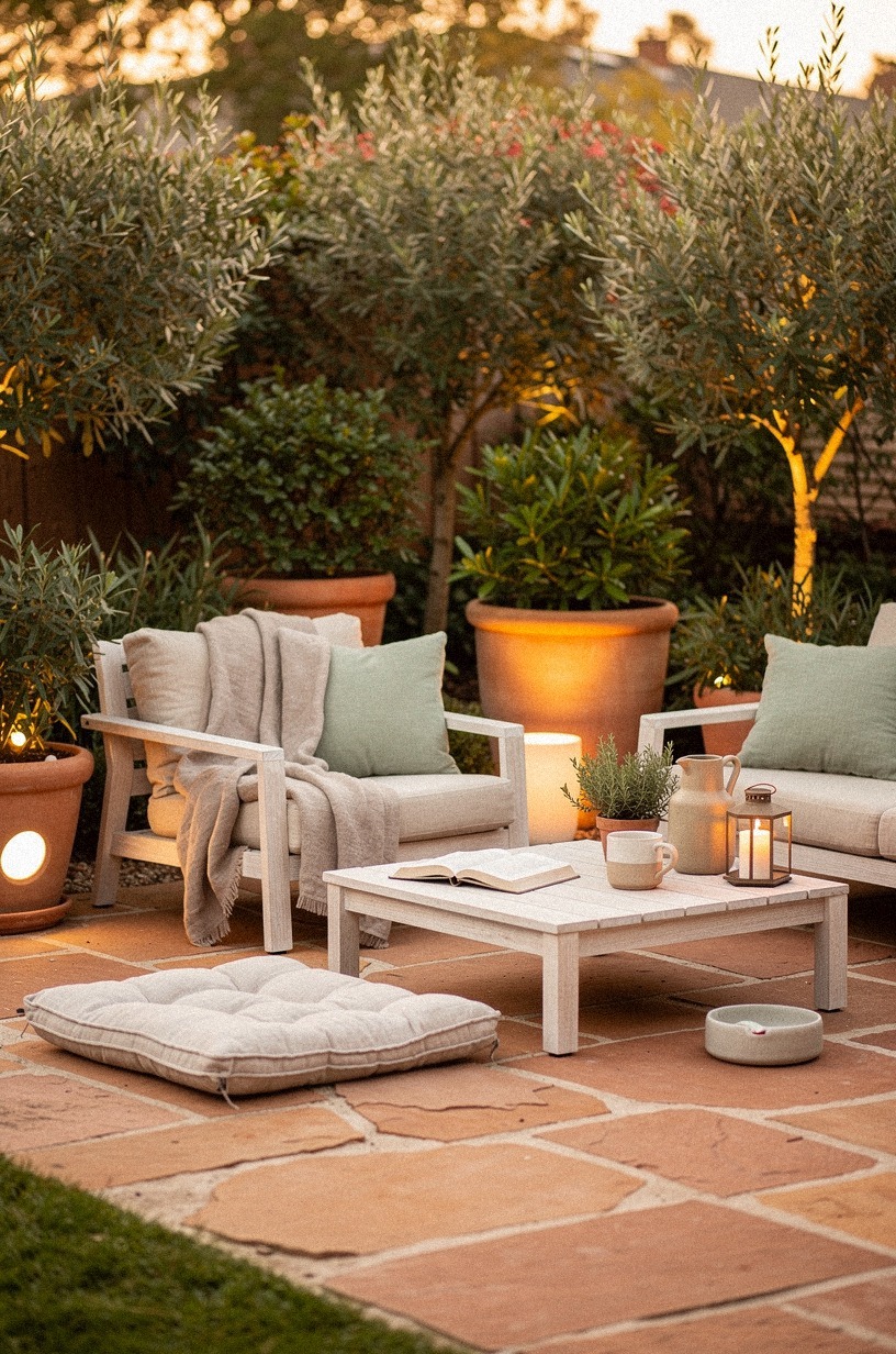 Anchor the space with a terracotta stone patio and real outdoor furniture