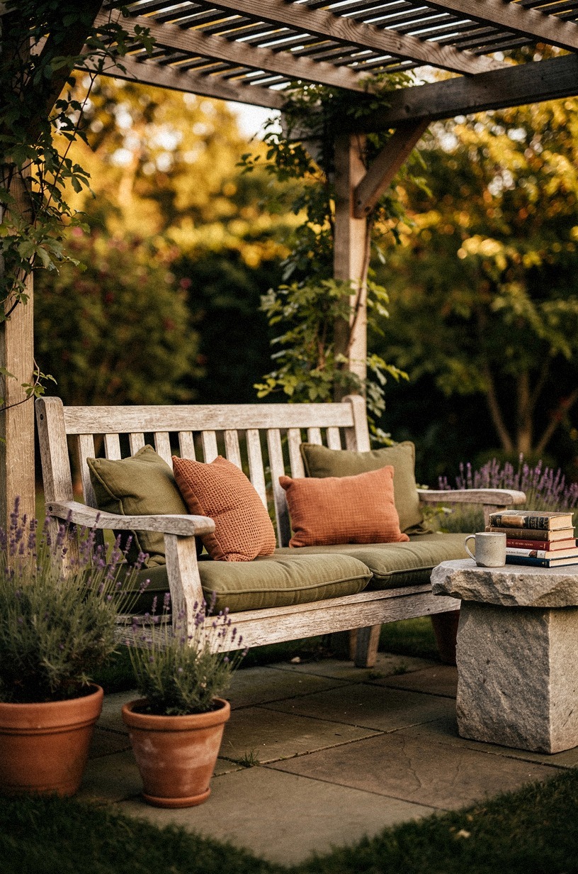 Float a weathered oak reading bench against a low wall