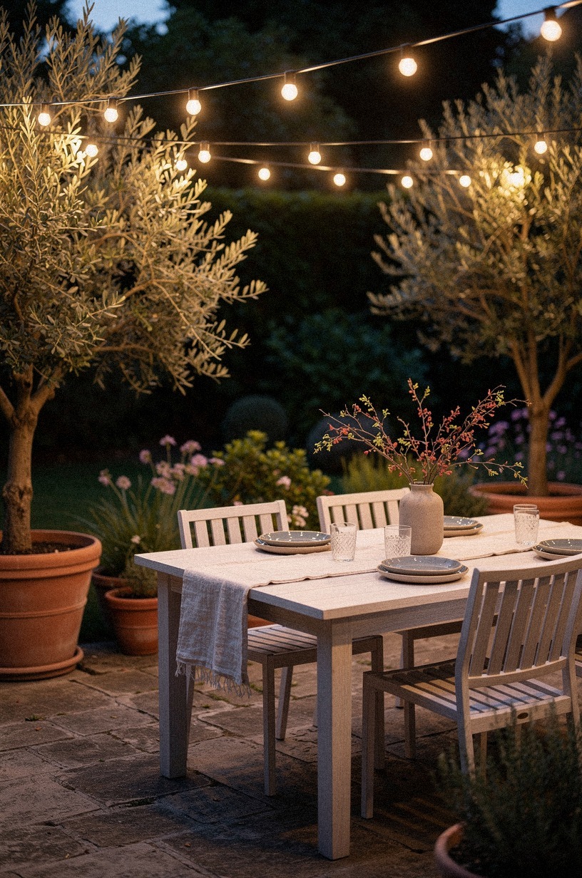 Drape string lights overhead in a zigzag canopy