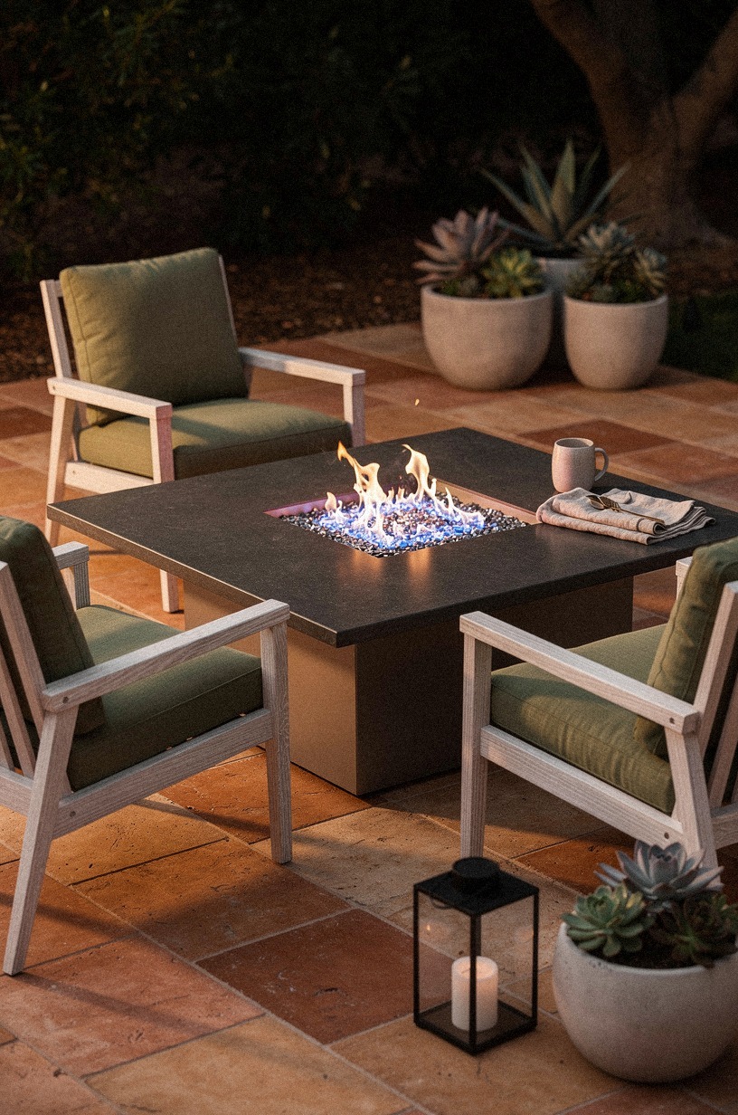 Start with a gas fire pit table for instant flame without the smoke