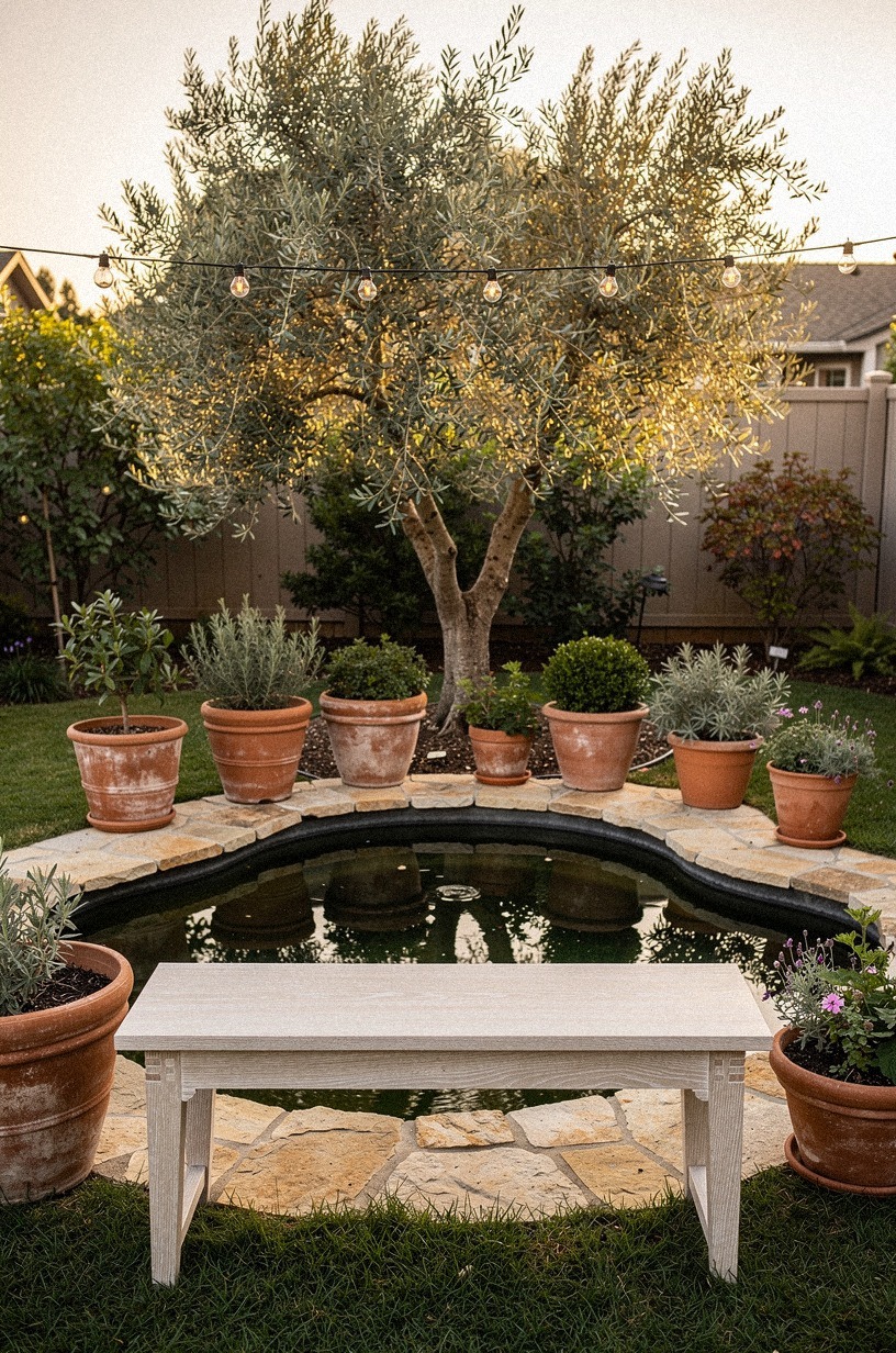 Nestle a pond into curved stone edging (The Soft-Rim Rule)