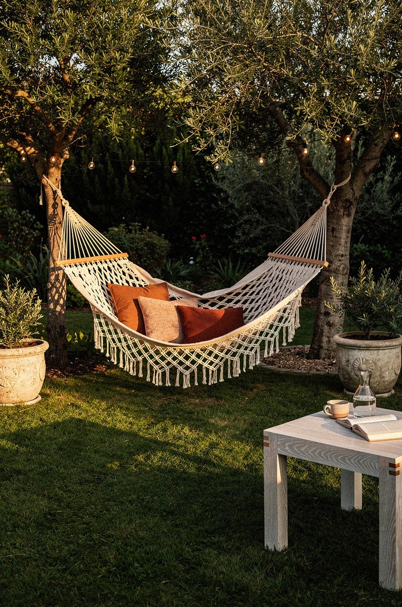 Suspend a macrame hammock between two mature trees