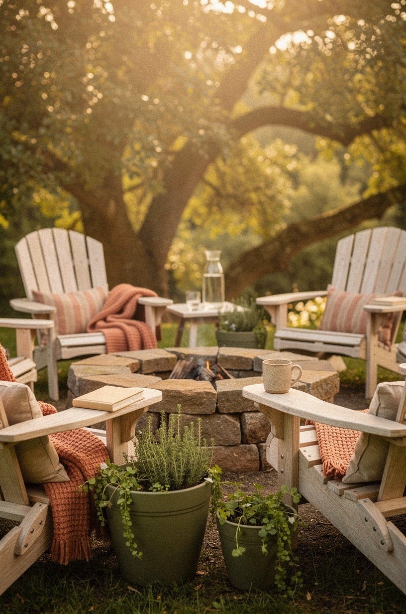 Anchor the zone with weathered oak and a low stone fire pit