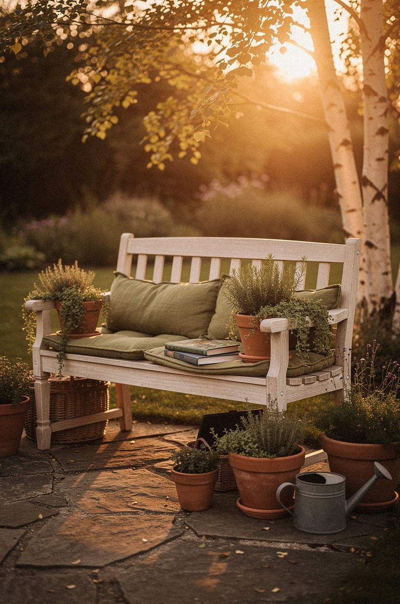 Start with a weathered stone patio and a cerused oak bench