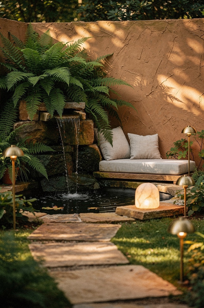Tuck a mini waterfall behind ferns