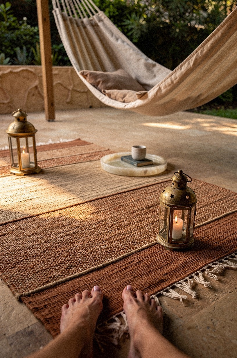 Layer outdoor rugs under the hammock zone