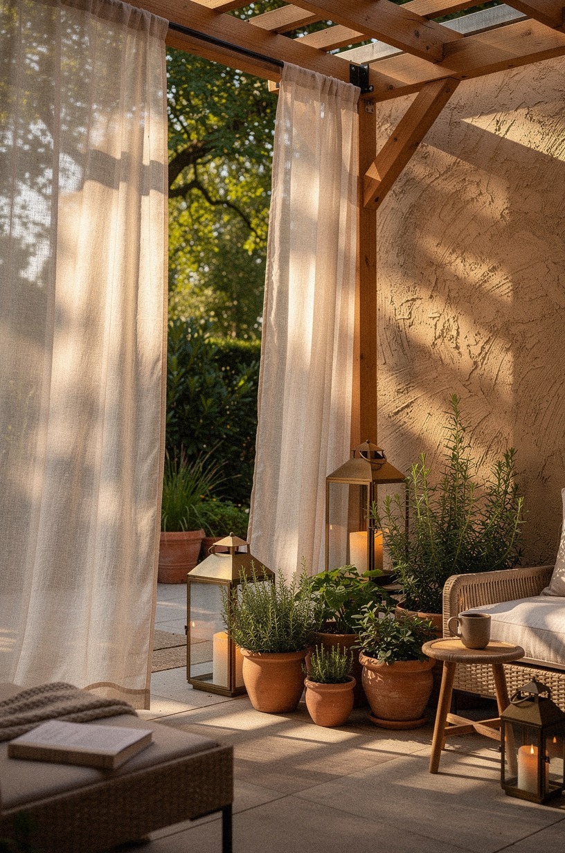 Hang outdoor curtains around the pergola