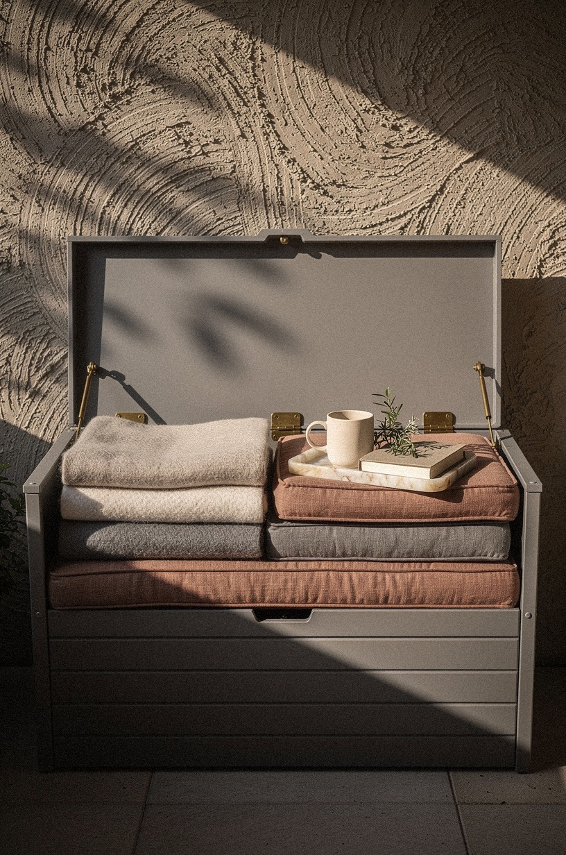 Layer wool blankets in lidded benches