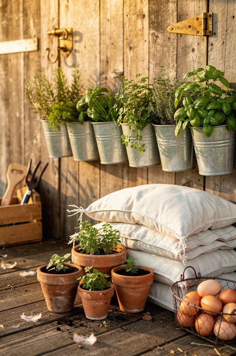 Line a weathered wood coop with galvanized planters for herbs