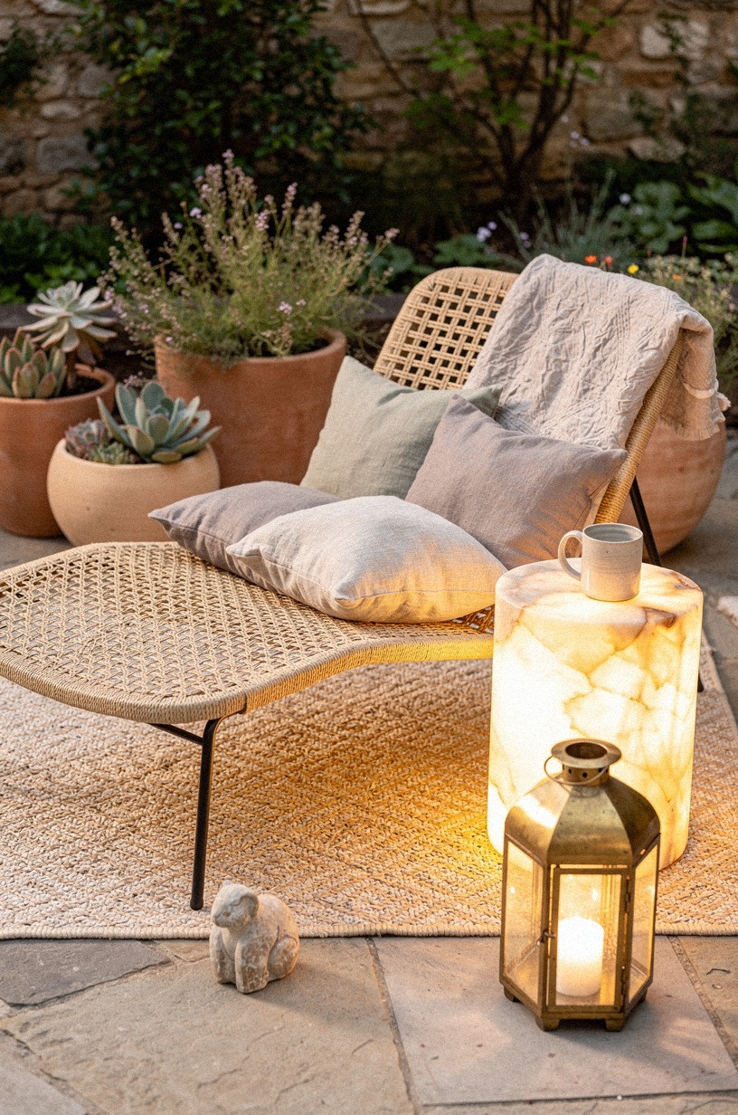 Layer an outdoor rug under the seating area
