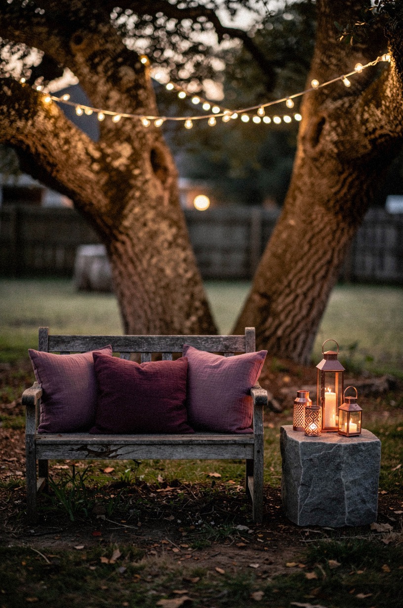 Hang string lights between two old trees for evening glow