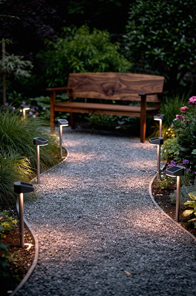 Stake solar-powered lanterns along garden pathways
