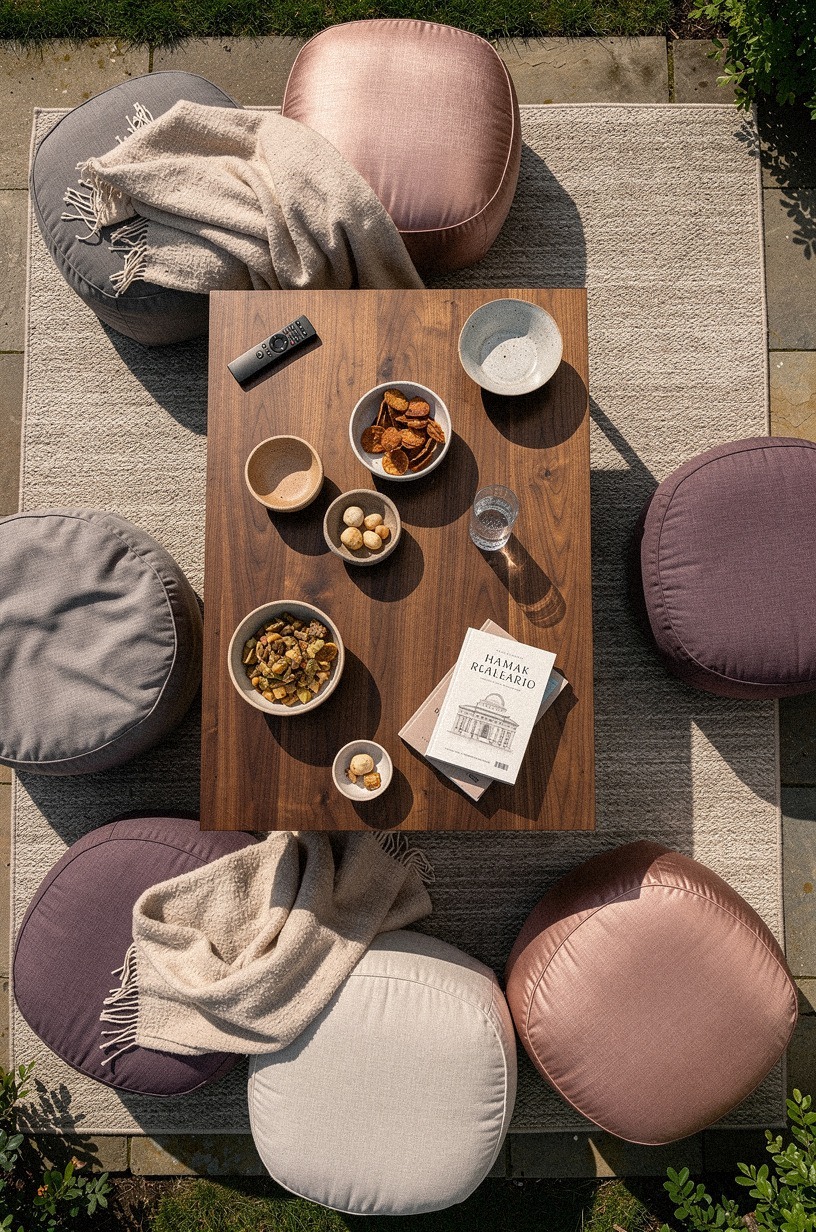 Layer poufs around a low wood table