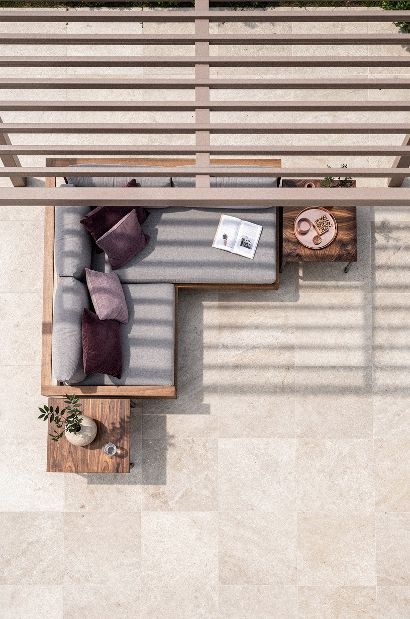 Frame the sofa zone under freestanding rafters