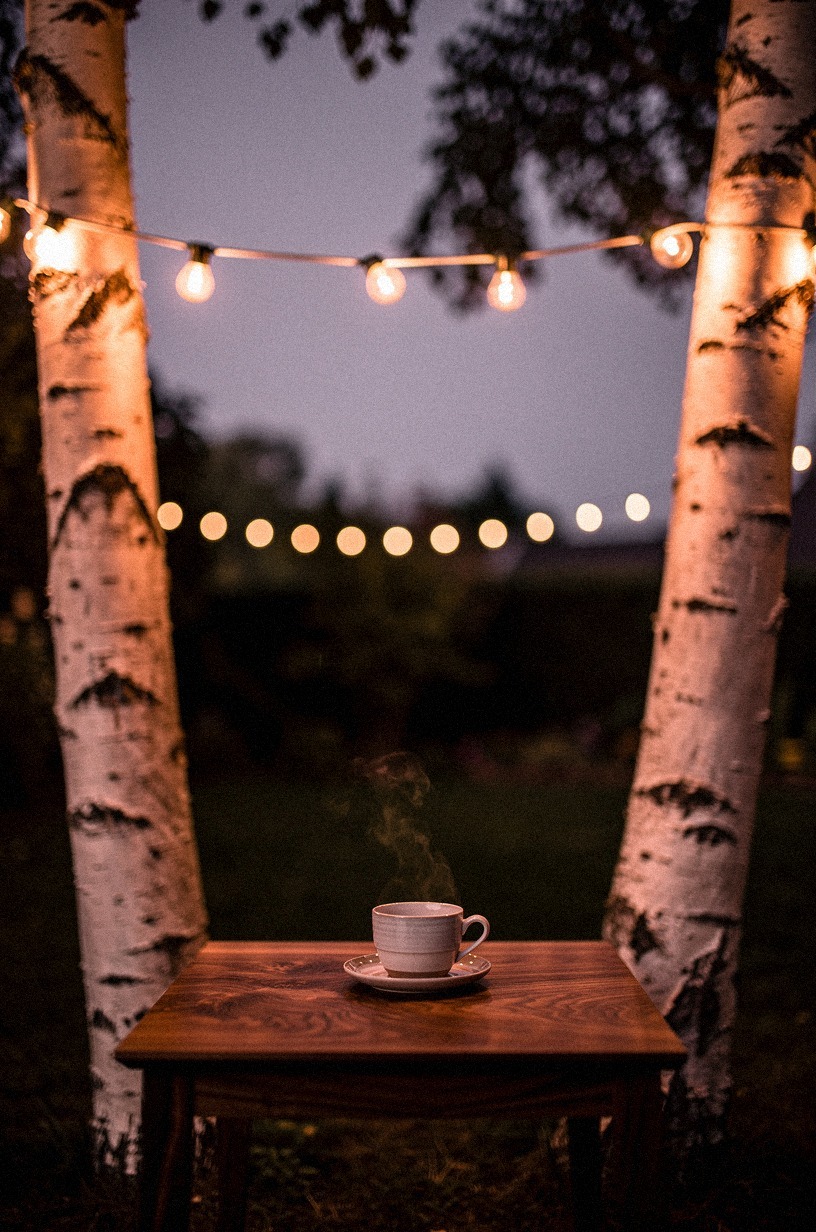 Drape café lights between two birch trees for evening glow