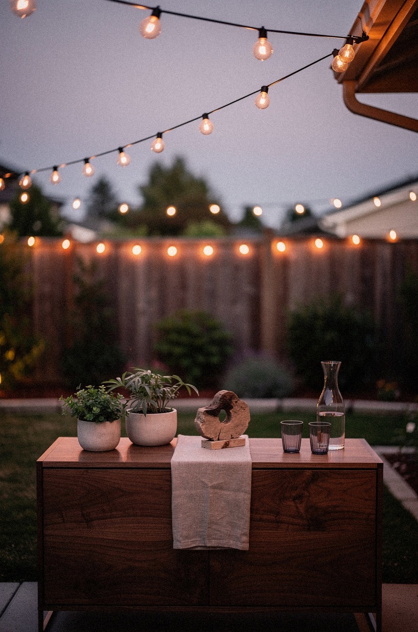 String lights from eaves to fence: zigzag for instant evening glow