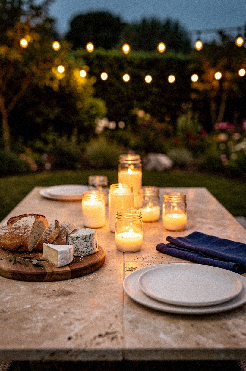 Cluster mason-jar candles on the picnic table