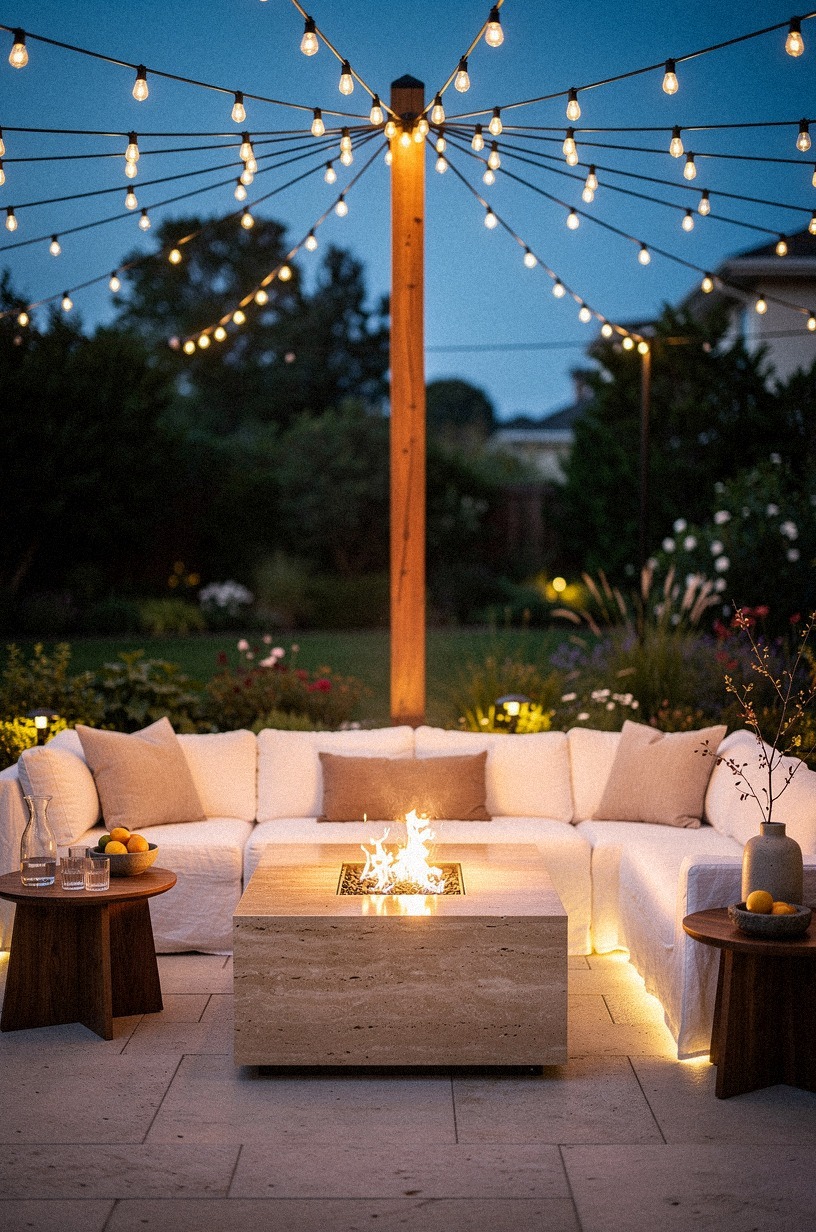Hang string lights overhead in a radial pattern from a central pole