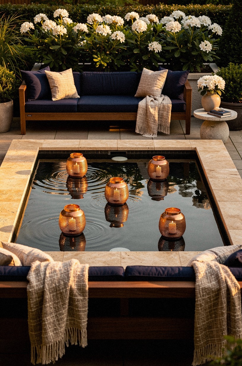 Float copper lanterns across the water