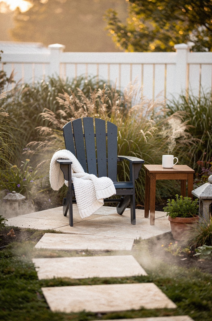 Lay travertine stepping stones to a navy Adirondack chair