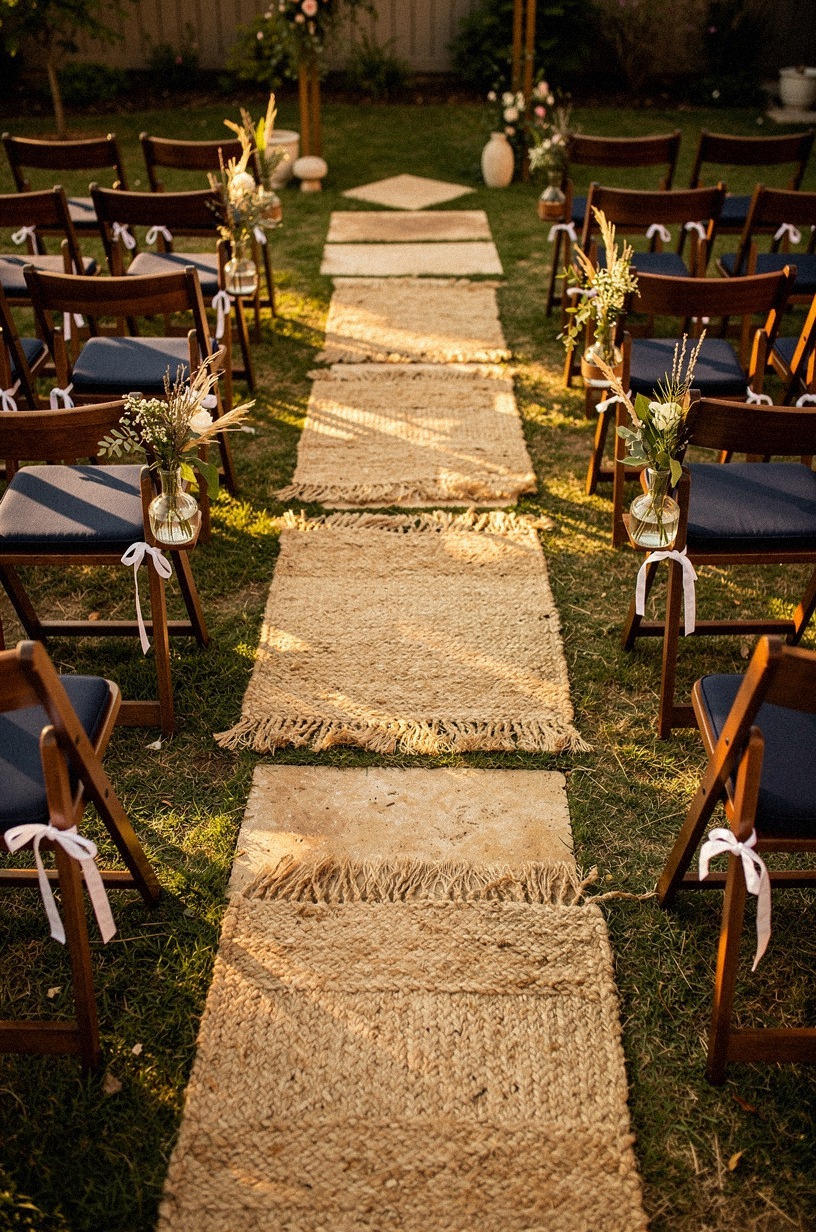 Layer jute rugs over the patchy grass