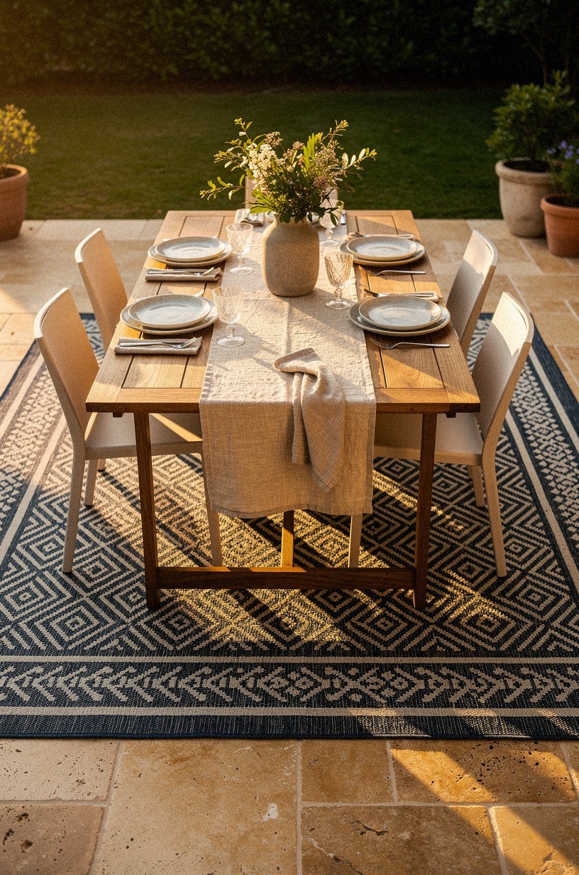 Layer washable rugs under the dining zone
