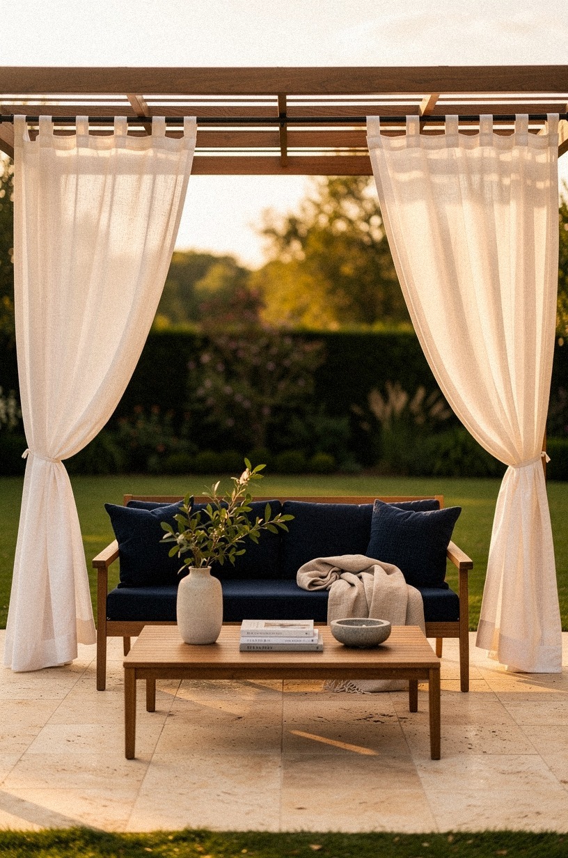 Drape outdoor curtains from a pergola rail