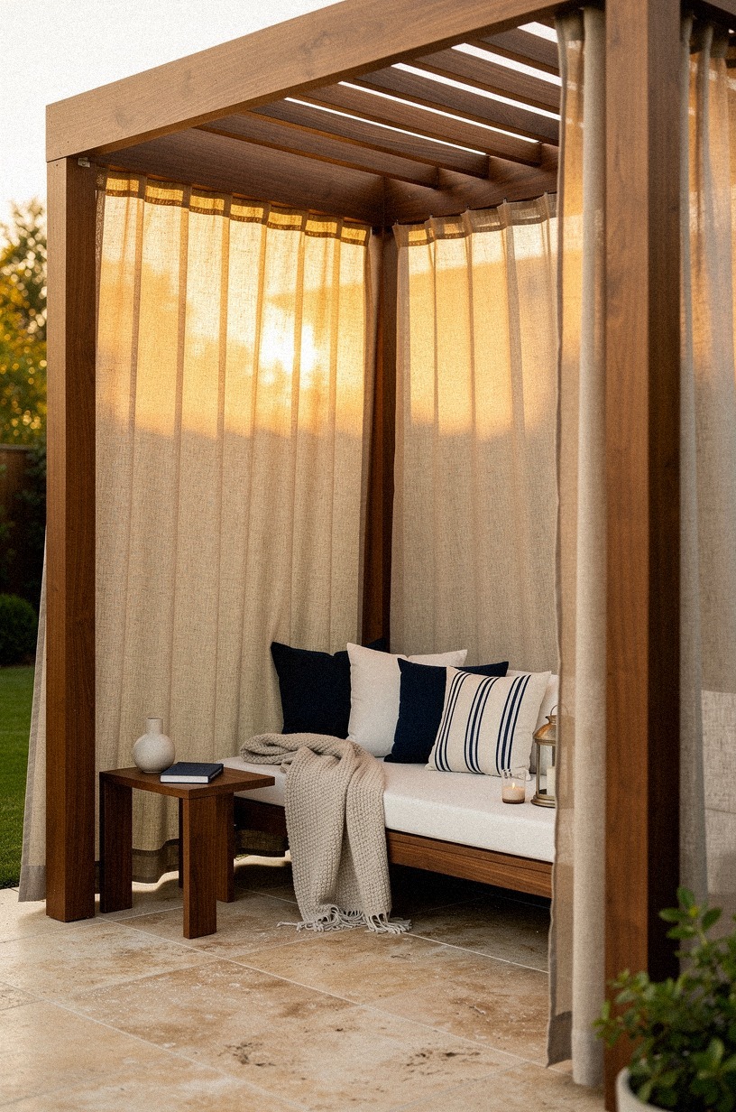 Curtain a pergola corner for soft shade
