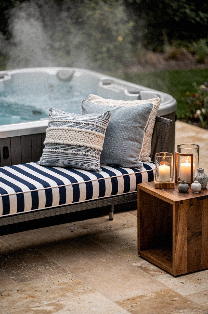 Stack weatherproof cushions on a nearby bench for overflow seating