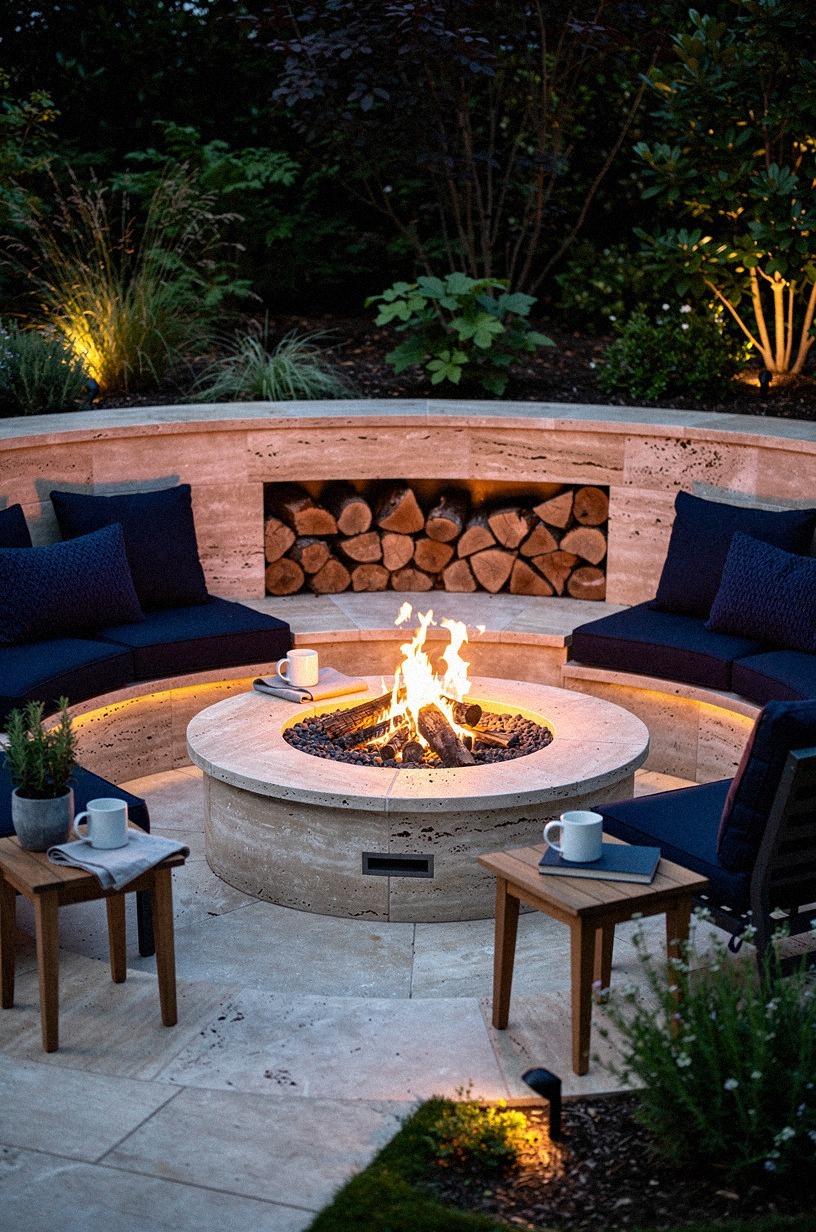 Build a sunken stone fire pit with built-in log storage